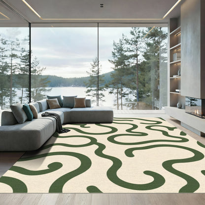 Olive Swirl Abstract Organic Lines Rug