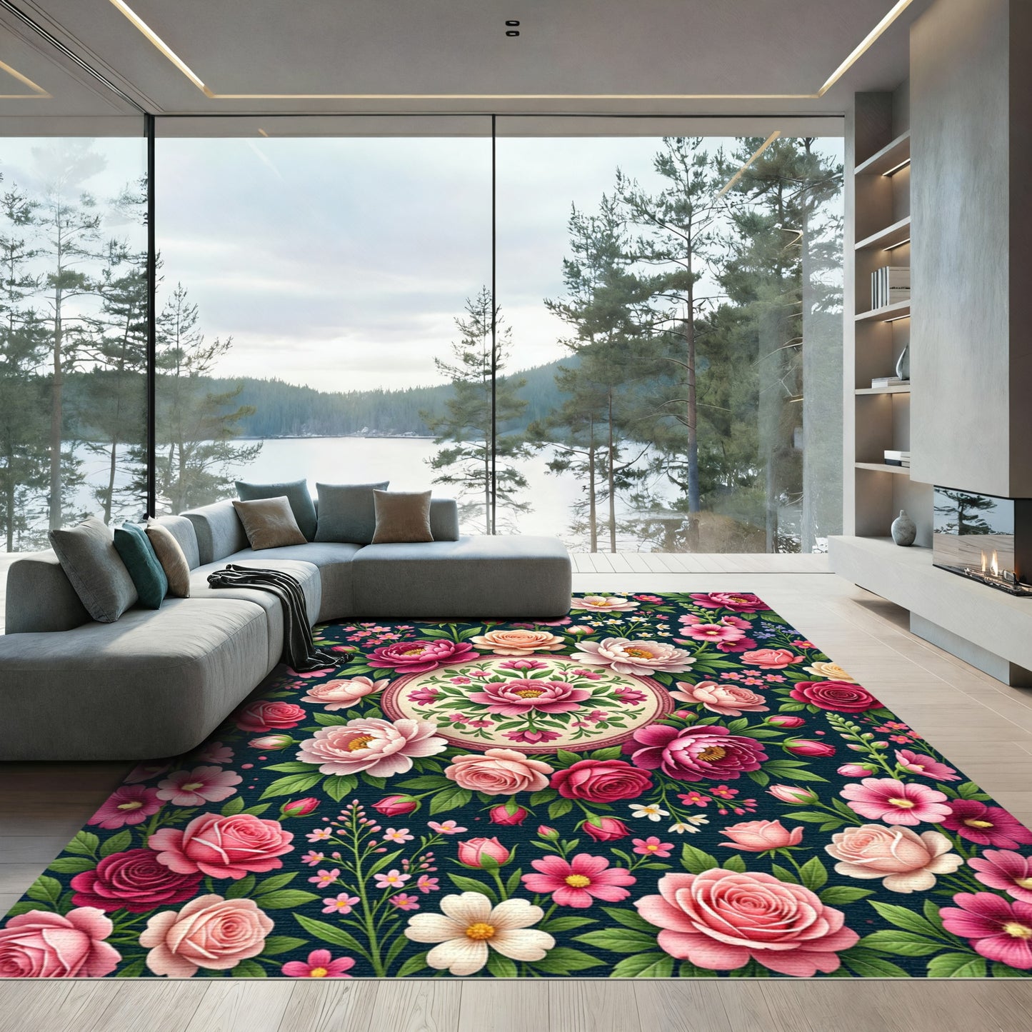 Romantic Pink Peony Floral Medallion Rug