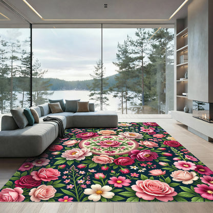 Romantic Pink Peony Floral Medallion Rug