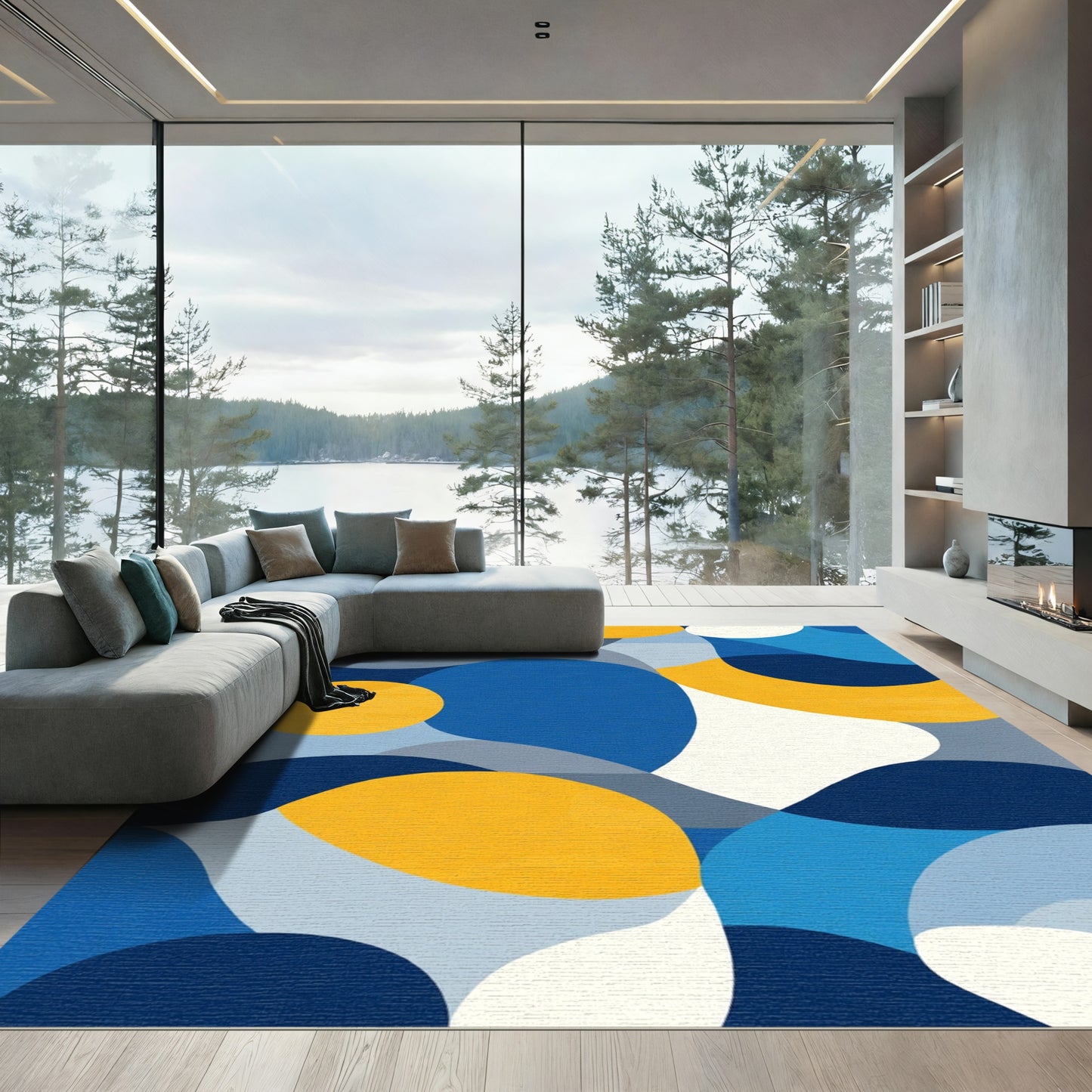 Modern Blue Yellow Organic Shape Rug