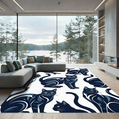 Midnight Blue Feline Silhouette Illustration Rug