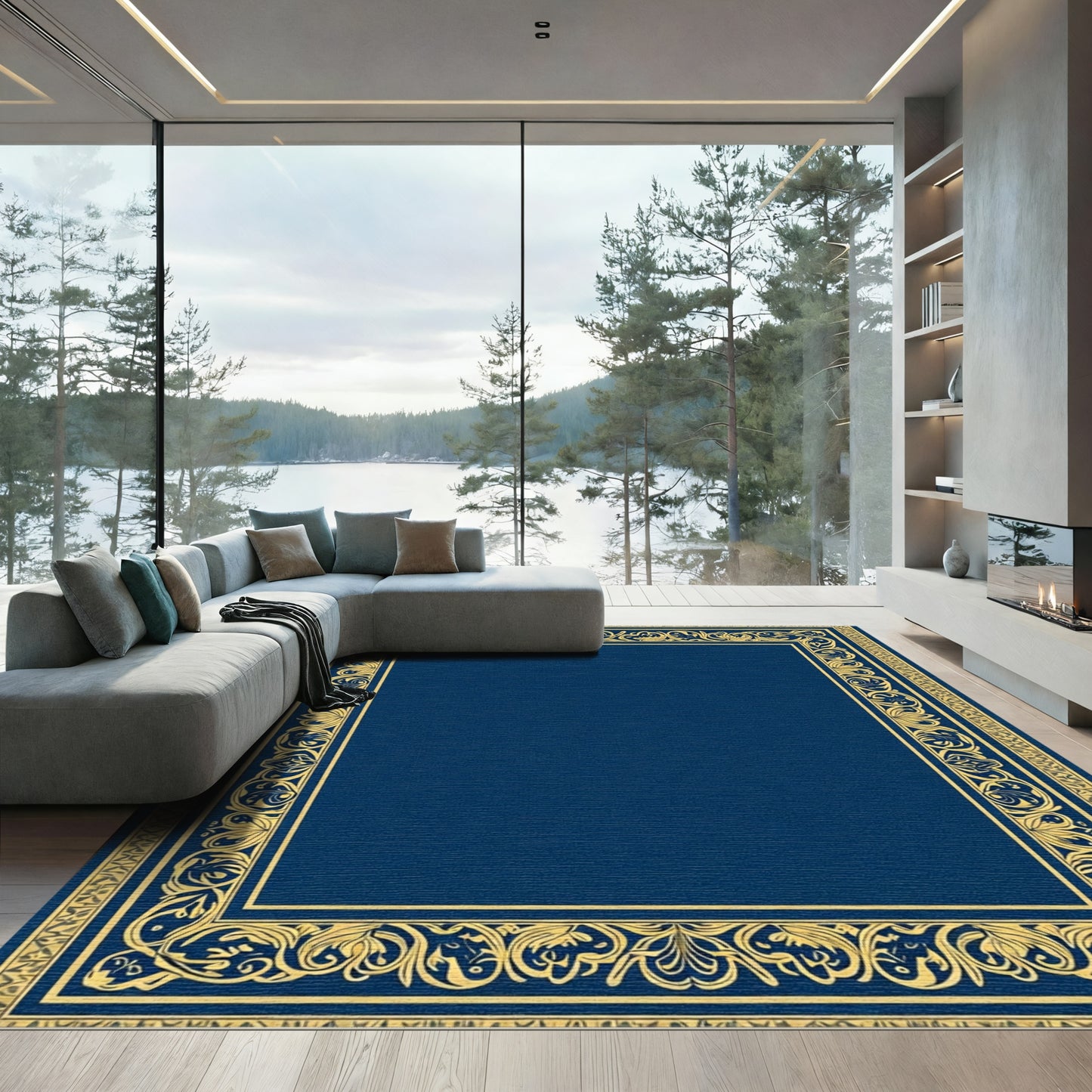 Majestic Blue Gold Floral Frame Rug