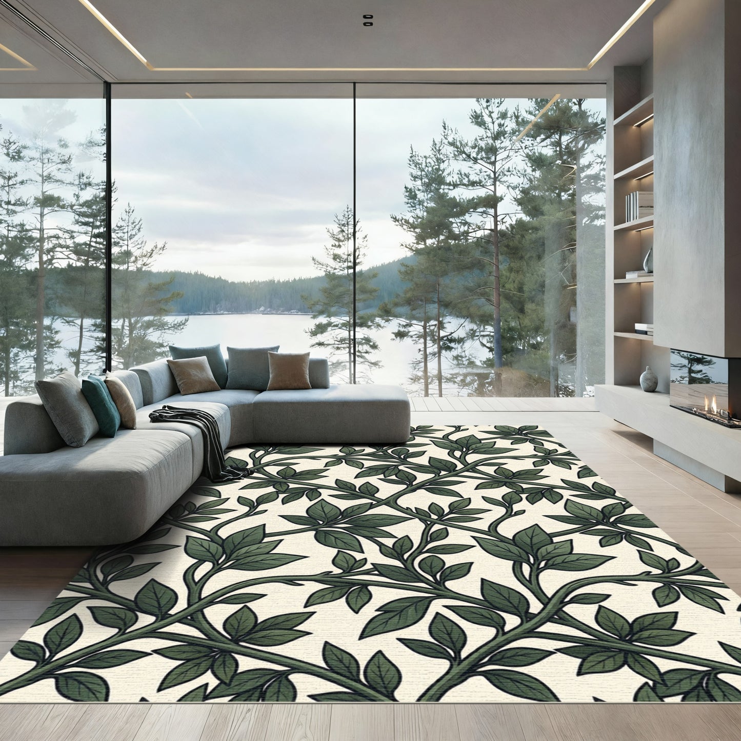 Cream Vintage Green Leafy Vine Rug