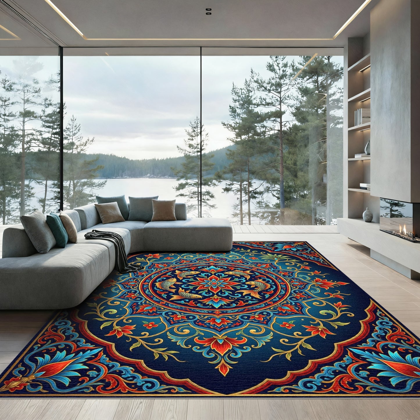 Exquisite Cobalt Floral Medallion Goldfish Art Rug