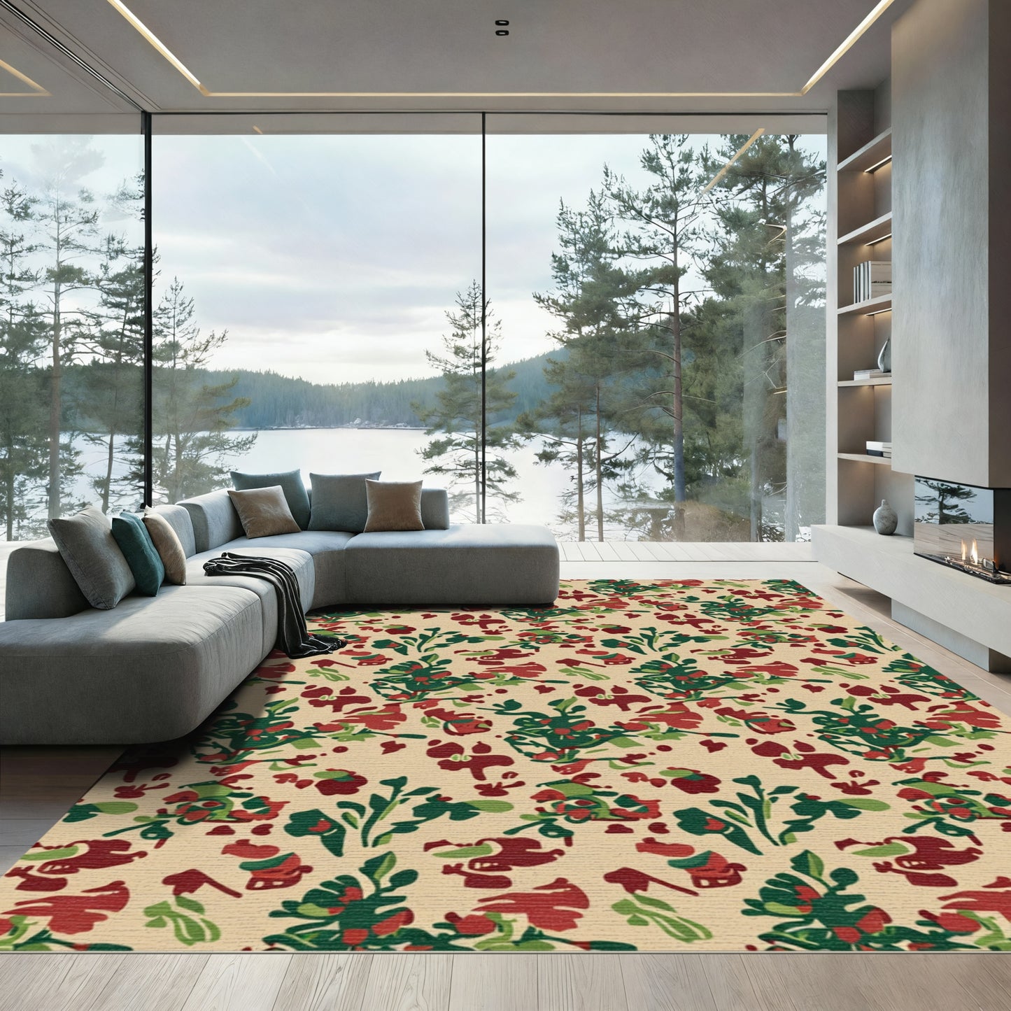 Abstract Red Green Floral Blend Rug