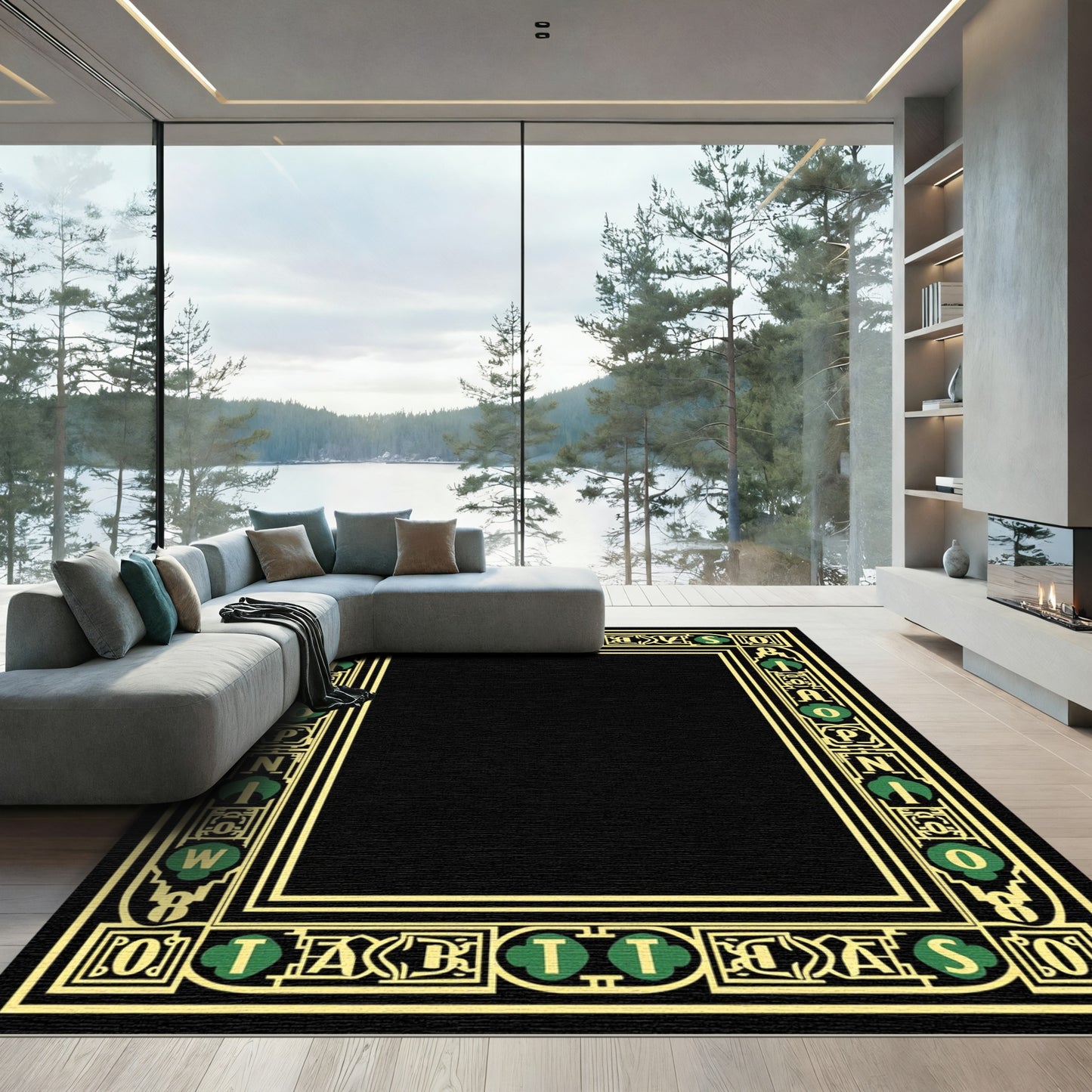 Art Nouveau Gold Green Lettered Border Rug