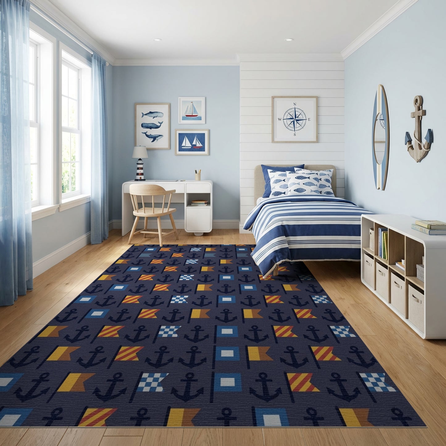 Navy Nautical Anchors Flags Rug