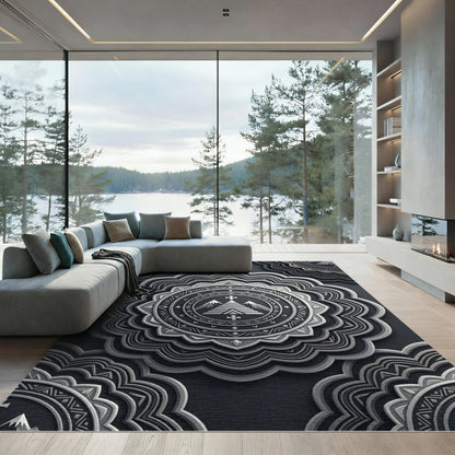 Metallic Gray Radial Mountain Mandala Rug