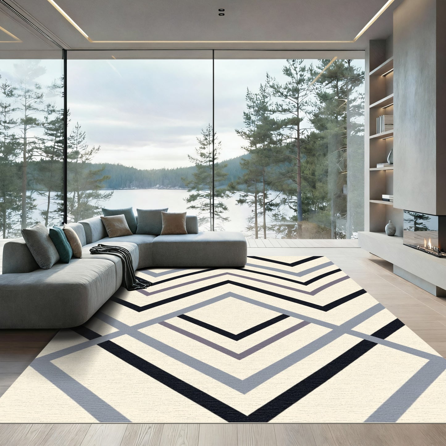 Black Gray Chevron Square Arrangement Rug