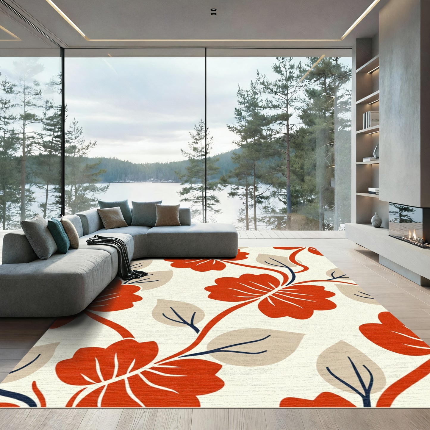 Bold Red Hibiscus Vine Rug