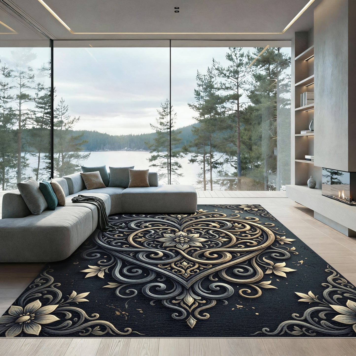 Ornate Gold Gray Filigree Heart Rug
