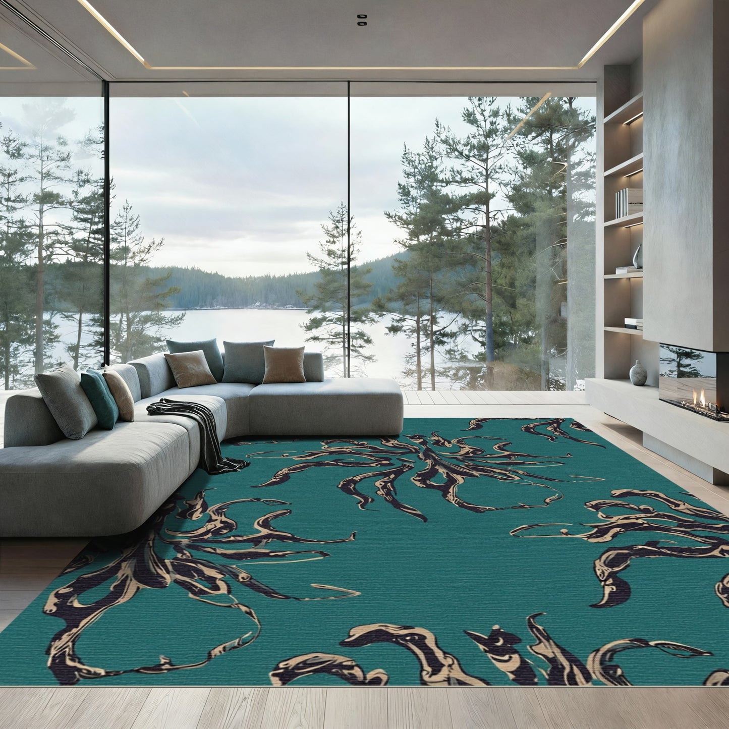 Teal Abstract Organic Swirl Rug