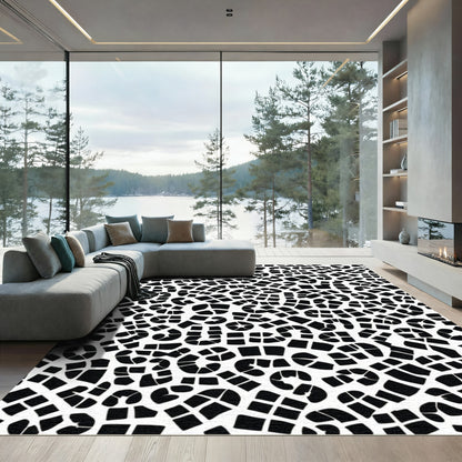 Abstract Black White Organic Curving Shapes Rug