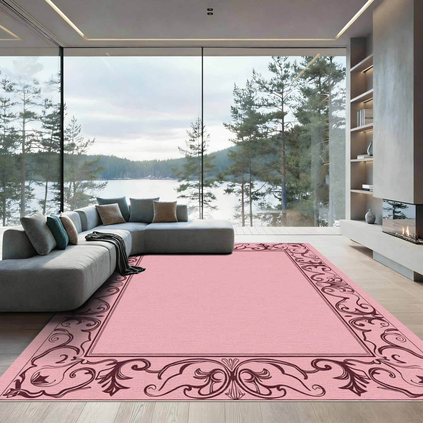 Elegant Crimson Floral Scrollwork Border Rug