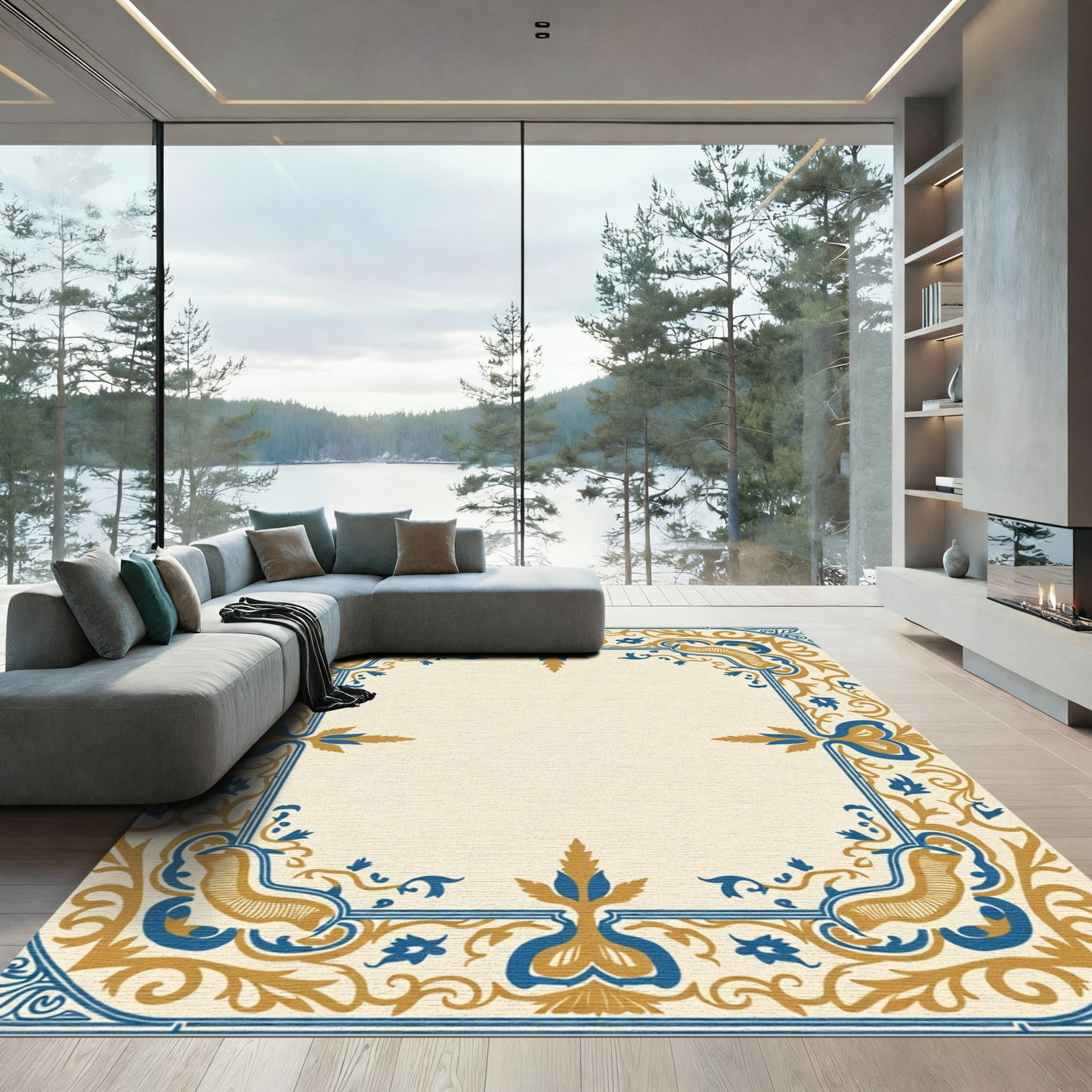 Gold Blue Courtly Scroll Border Rug