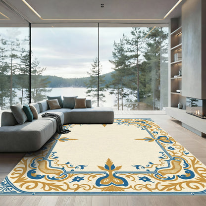 Gold Blue Courtly Scroll Border Rug