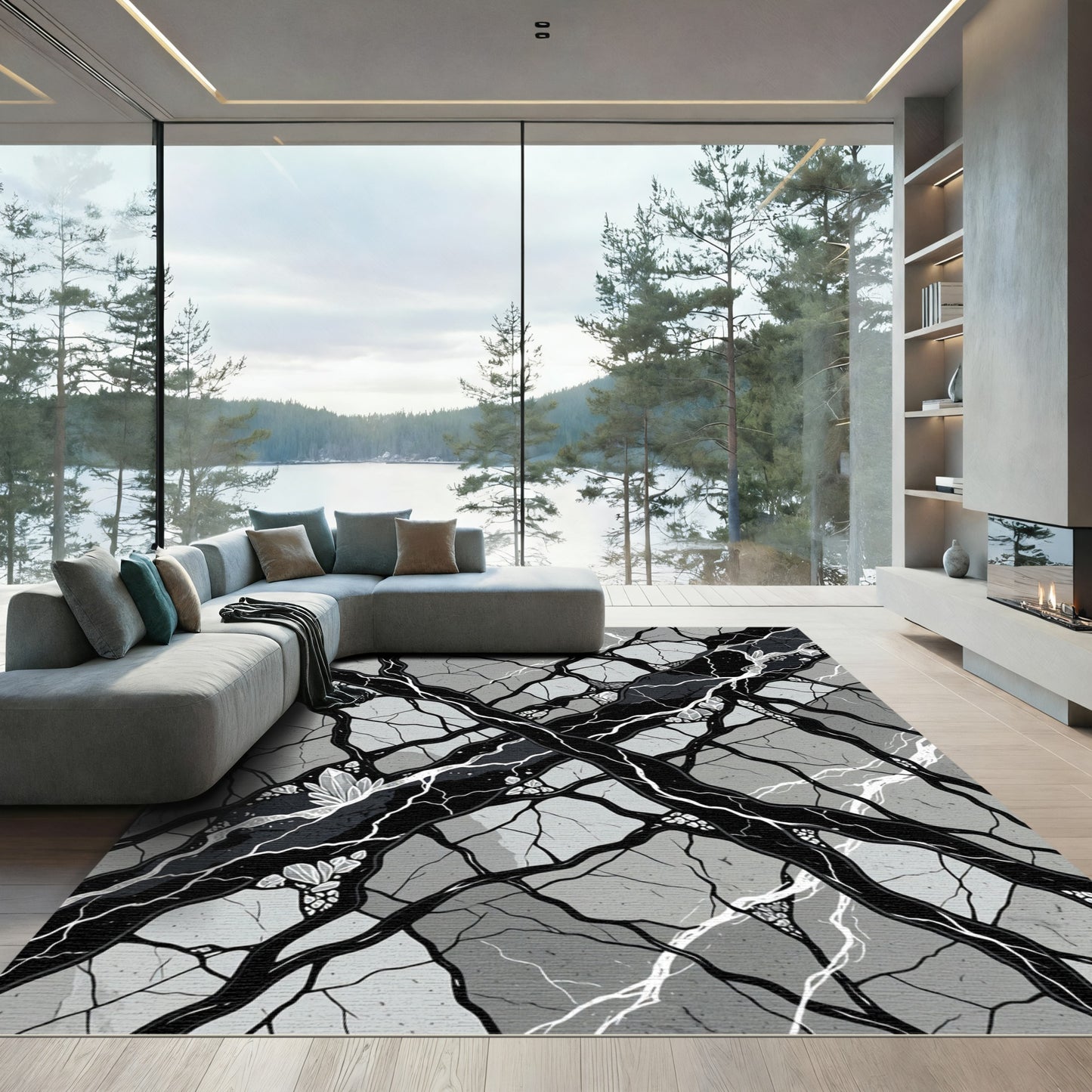 Monochrome Abstract Geode Crystal Vein Rug