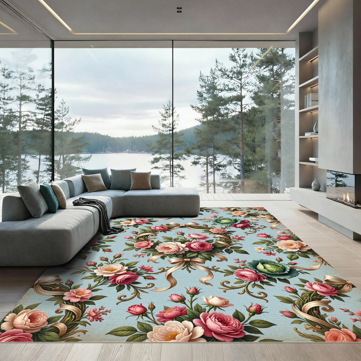 Vintage Chintz Rose Ribbon Bouquet Rug