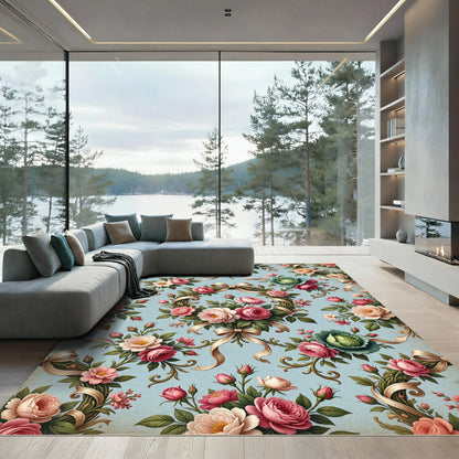 Vintage Chintz Rose Ribbon Bouquet Rug
