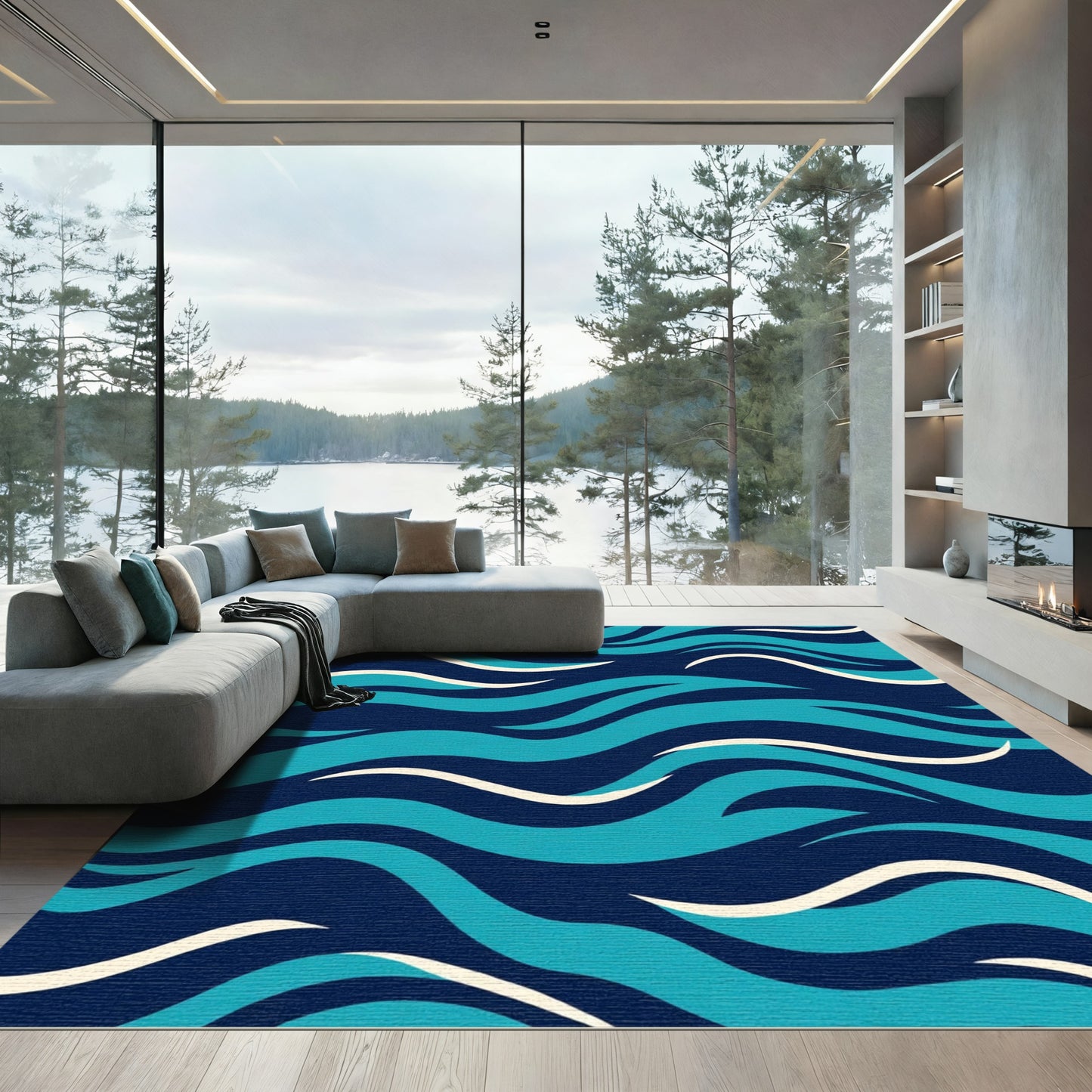 Deep Blue Teal Wave Composition Rug