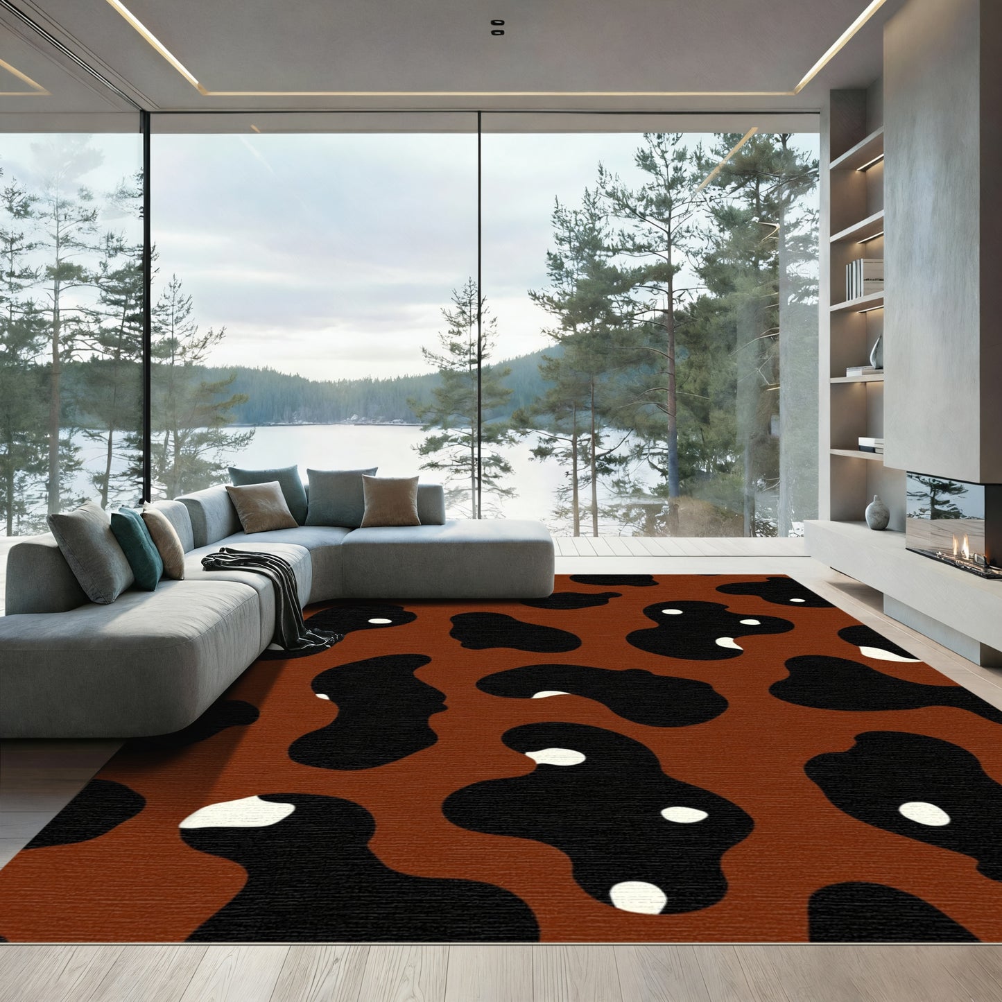 Brown Black White Blotchy Animal Print Rug