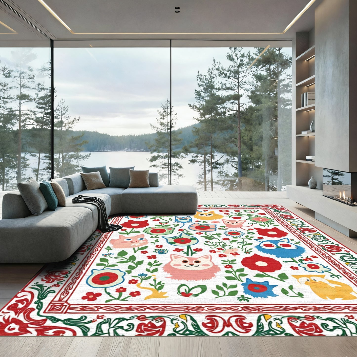 Whimsical Cat Floral Garden Rug