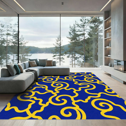 Bold Yellow Swirl Blue Abstract Rug
