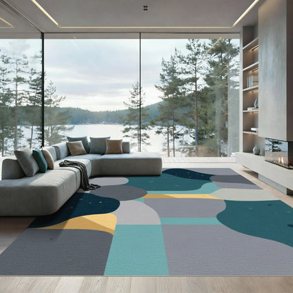 Abstract Teal Gold Gray Organic Shapes Rug