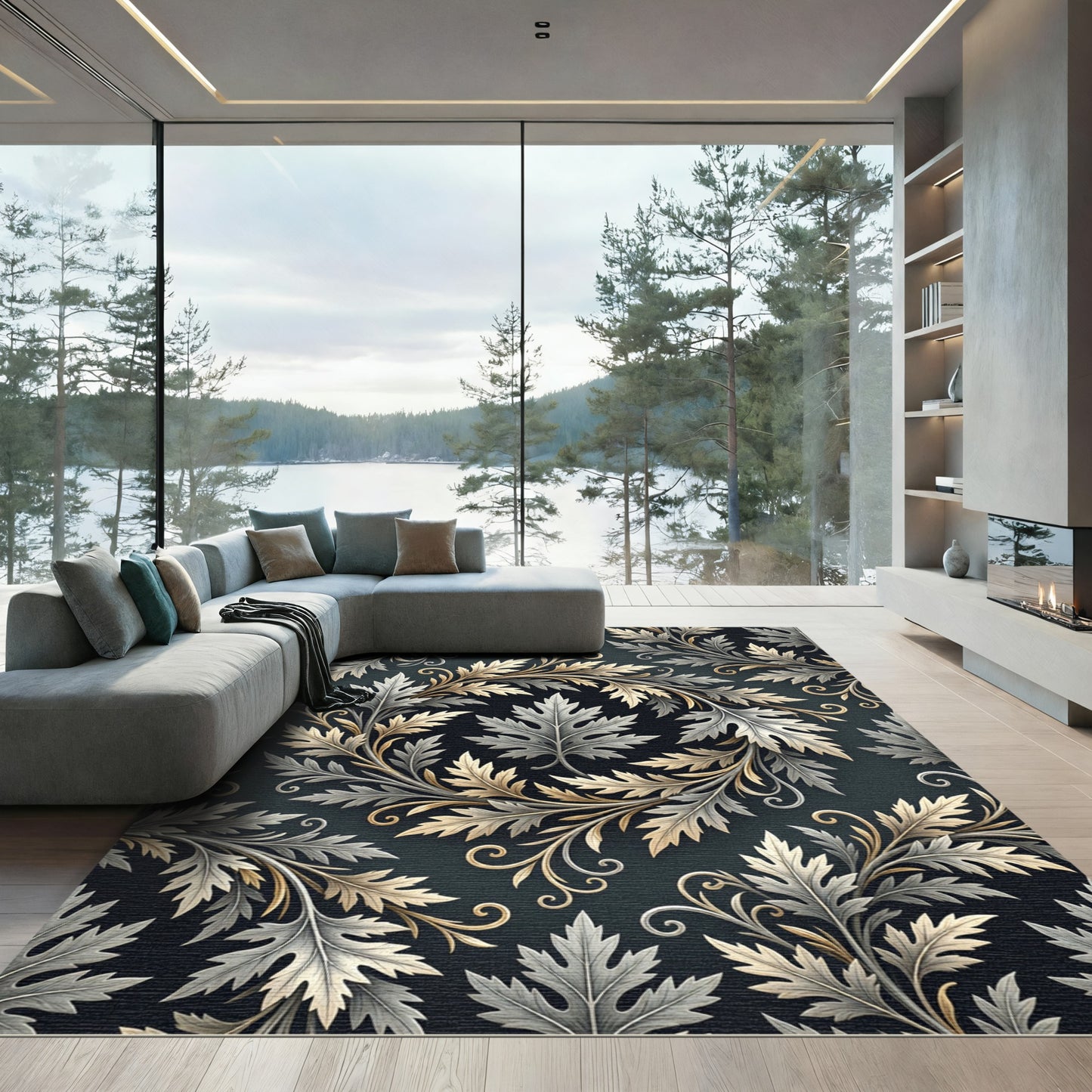 Antique Gold Silver Leaf Scrollwork Rug