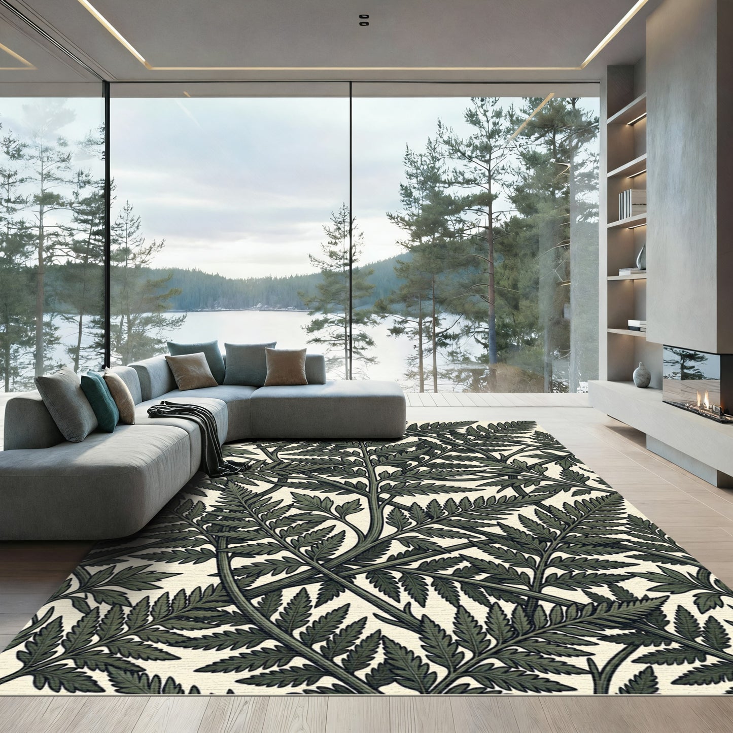 Lush Sage Green Handcrafted Fern Botanical Rug