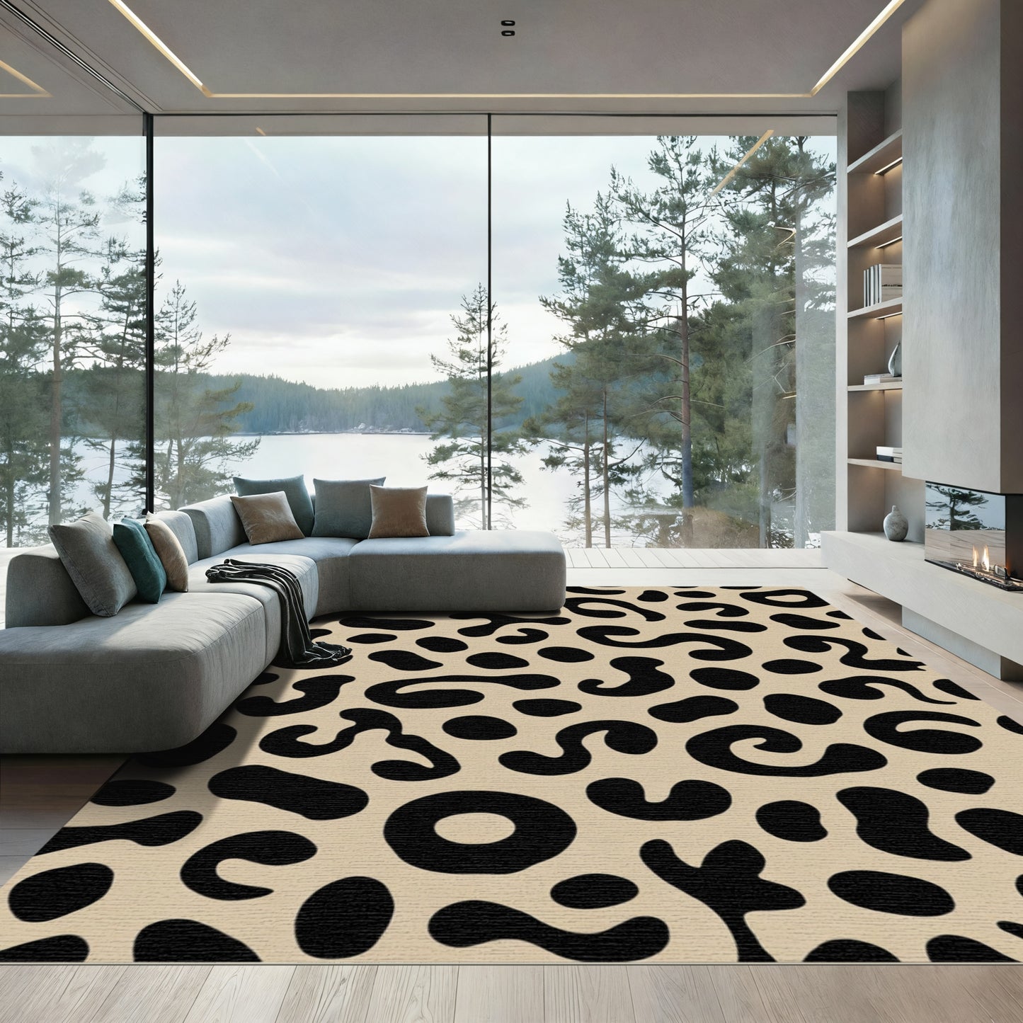 Black Spotted Tan Abstract Leopard Spot Rug
