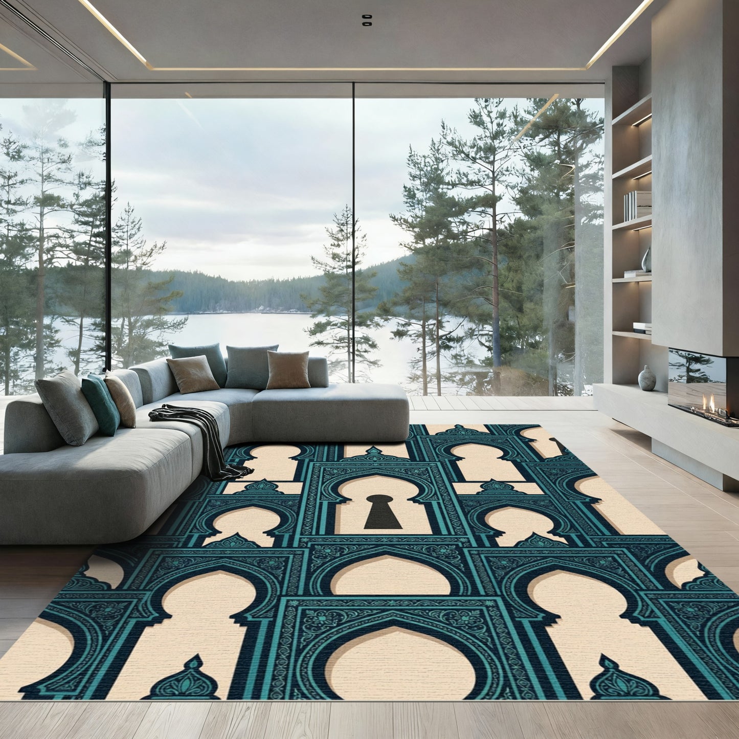 Teal Archway Keyhole Geometric Wall Tile Rug