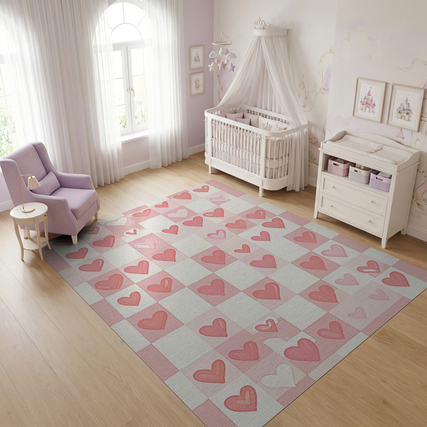Whimsical Pink White Checkered Hearts Rug