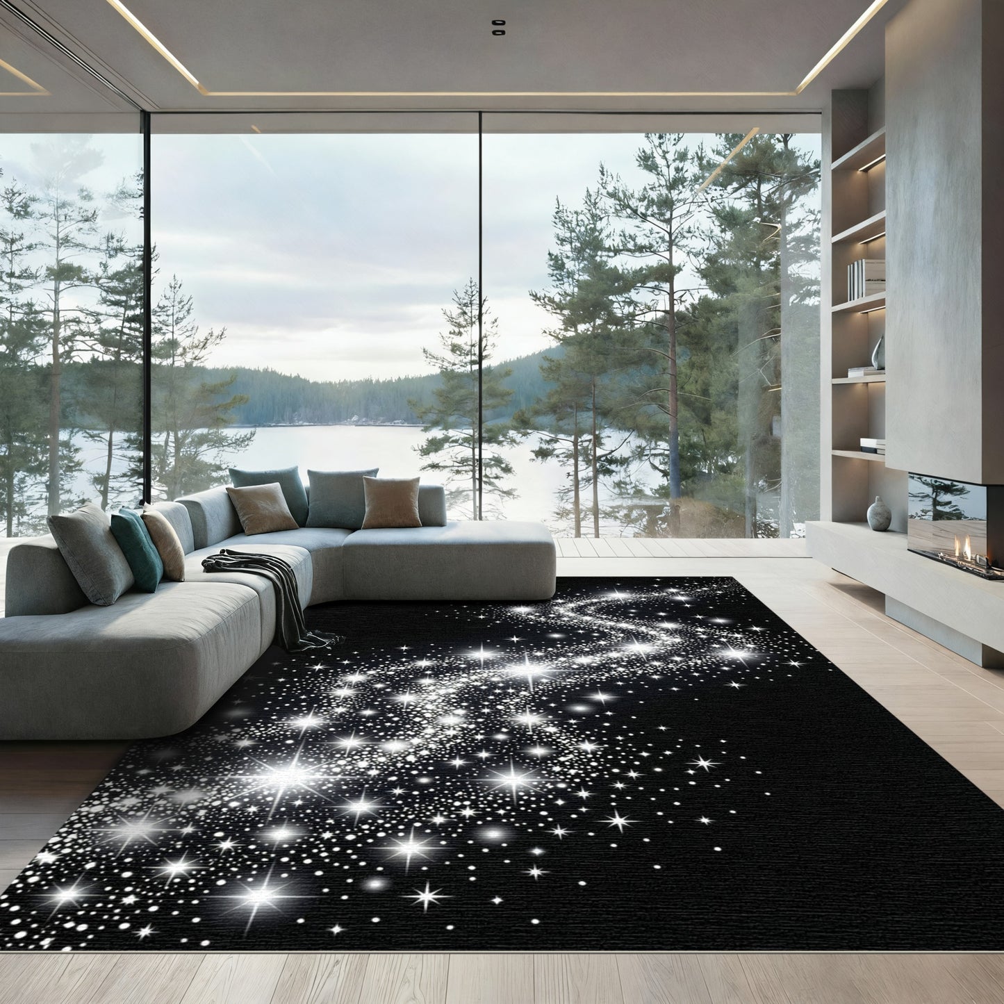 Glittering Black Starry Night Curve Rug