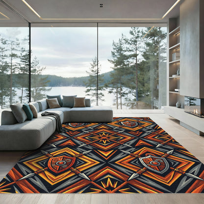 Tribal Spears Shield Orange Geometric Rug