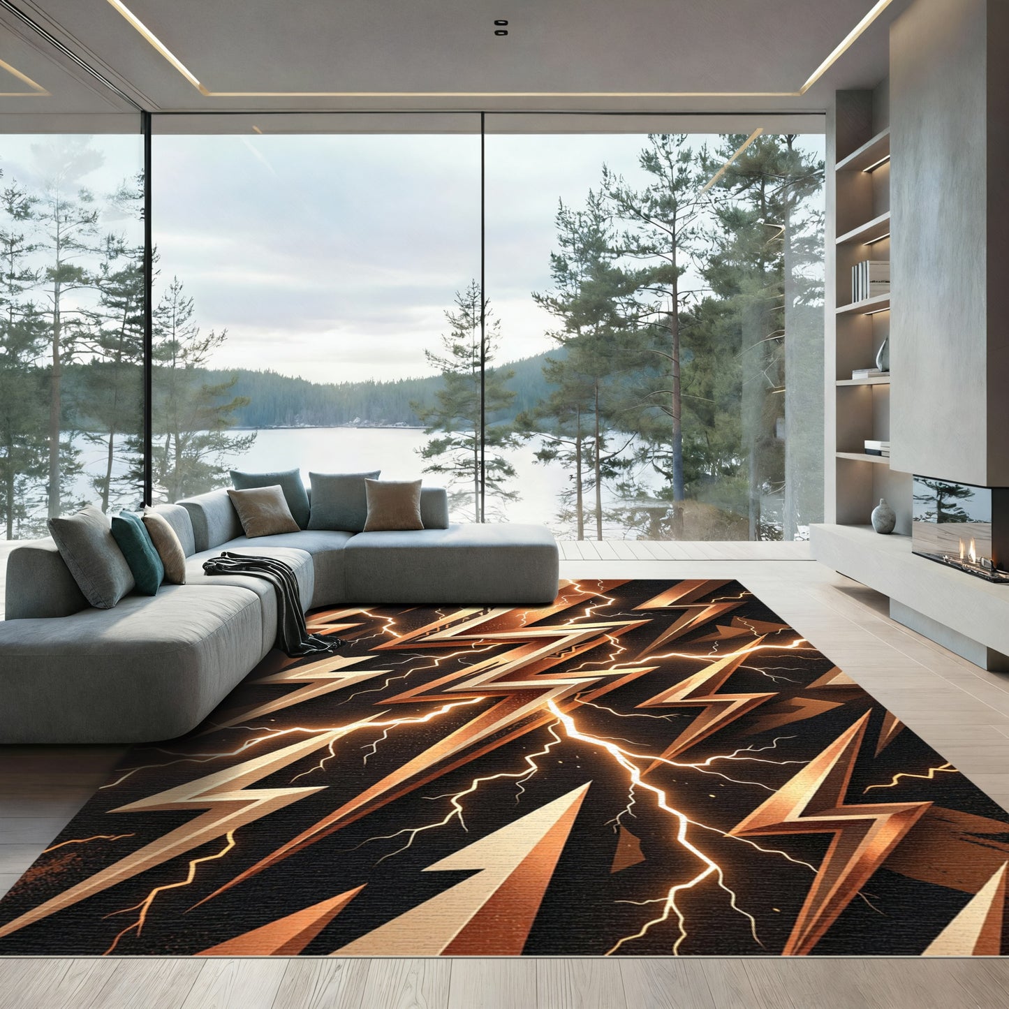 Electric Bronze Lightning Bolt Graphic Rug