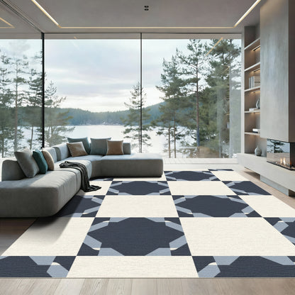 Navy Blue Cream Geometric Overlay Rug