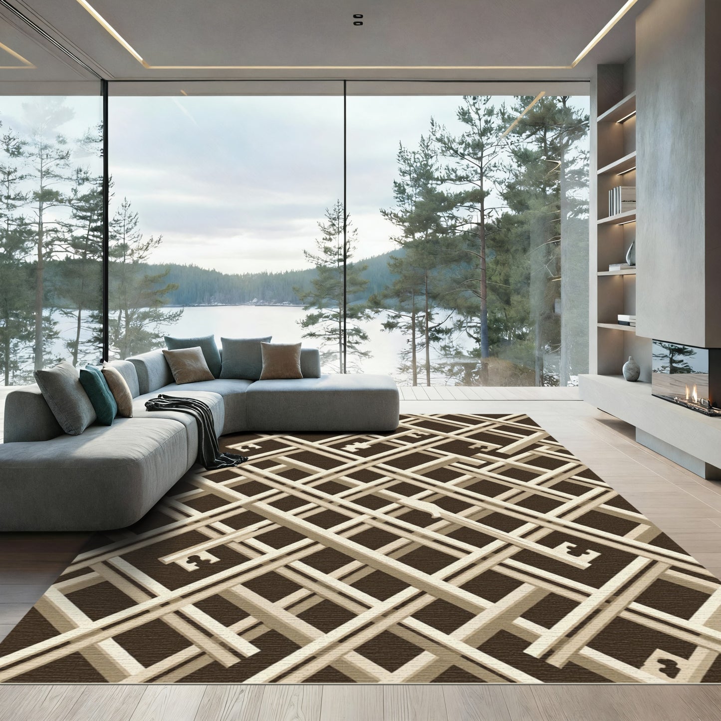 Geometric Cream Key Grid Chocolate Rug