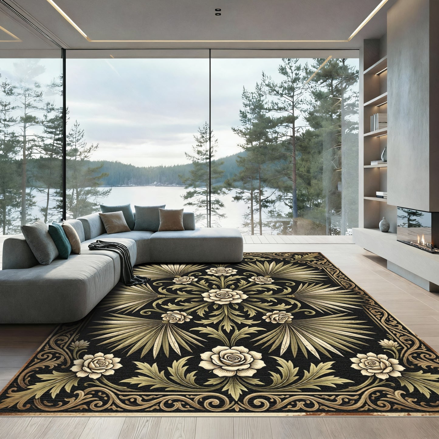Elegant Black and Gold Palm Floral Rug