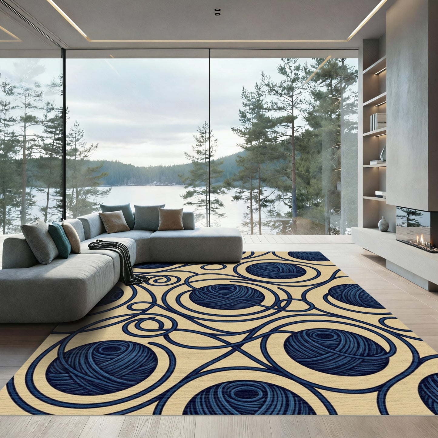 Navy Blue Swirling Yarn Ball Rug