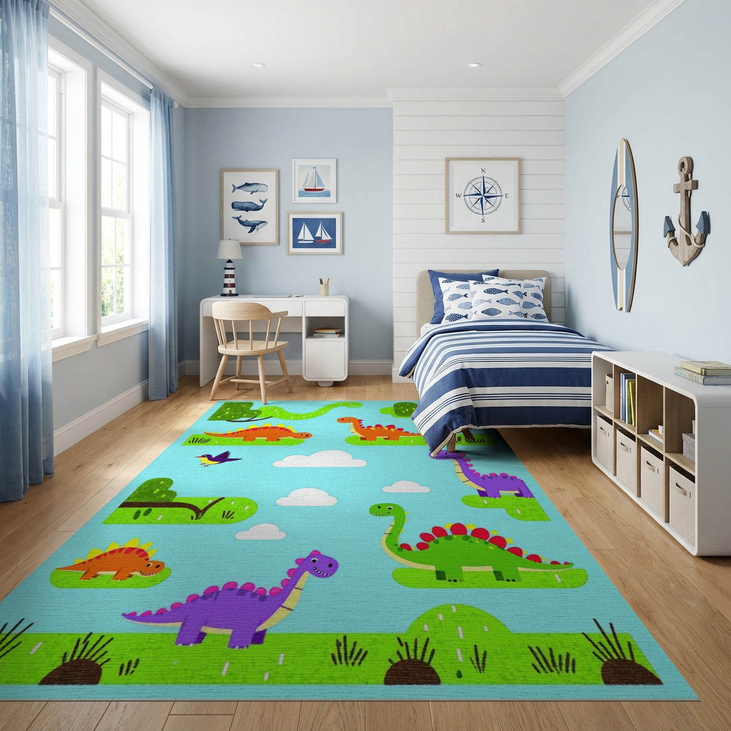 Whimsical Colorful Dinosaurs Trees Clouds Rug