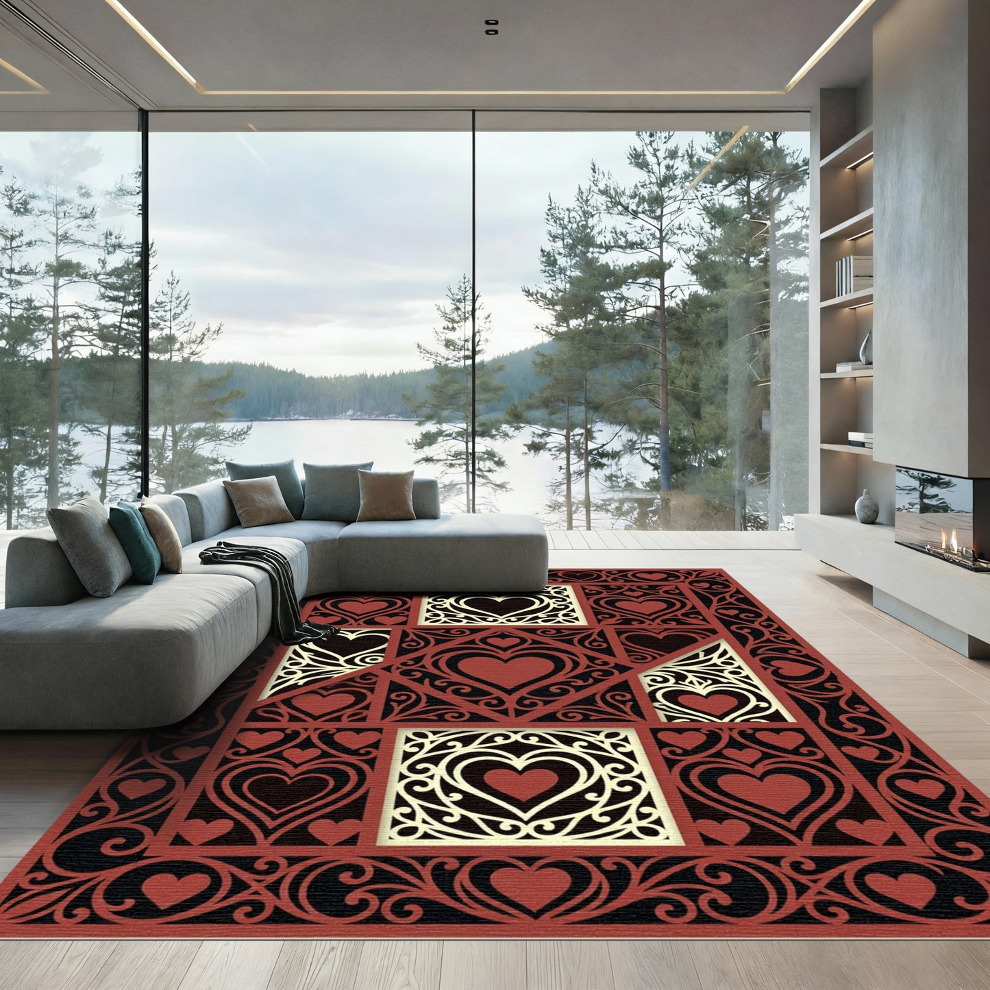 Ornate Crimson Heart Damask Jacquard Rug