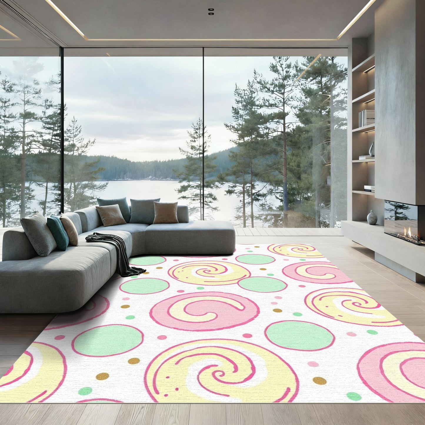 Sweet Pink Yellow Swirl Circles Rug