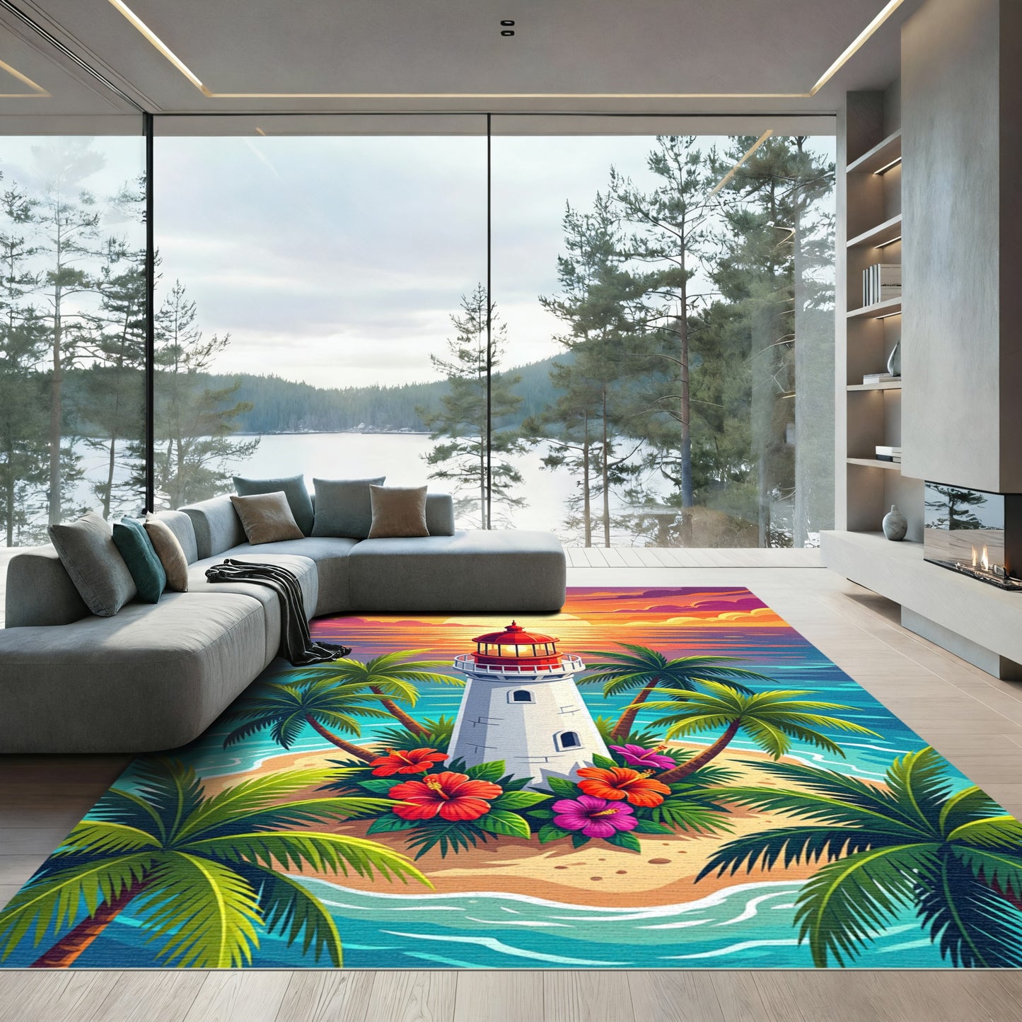 Tropical Sunset Lighthouse with Palm Trees Rug