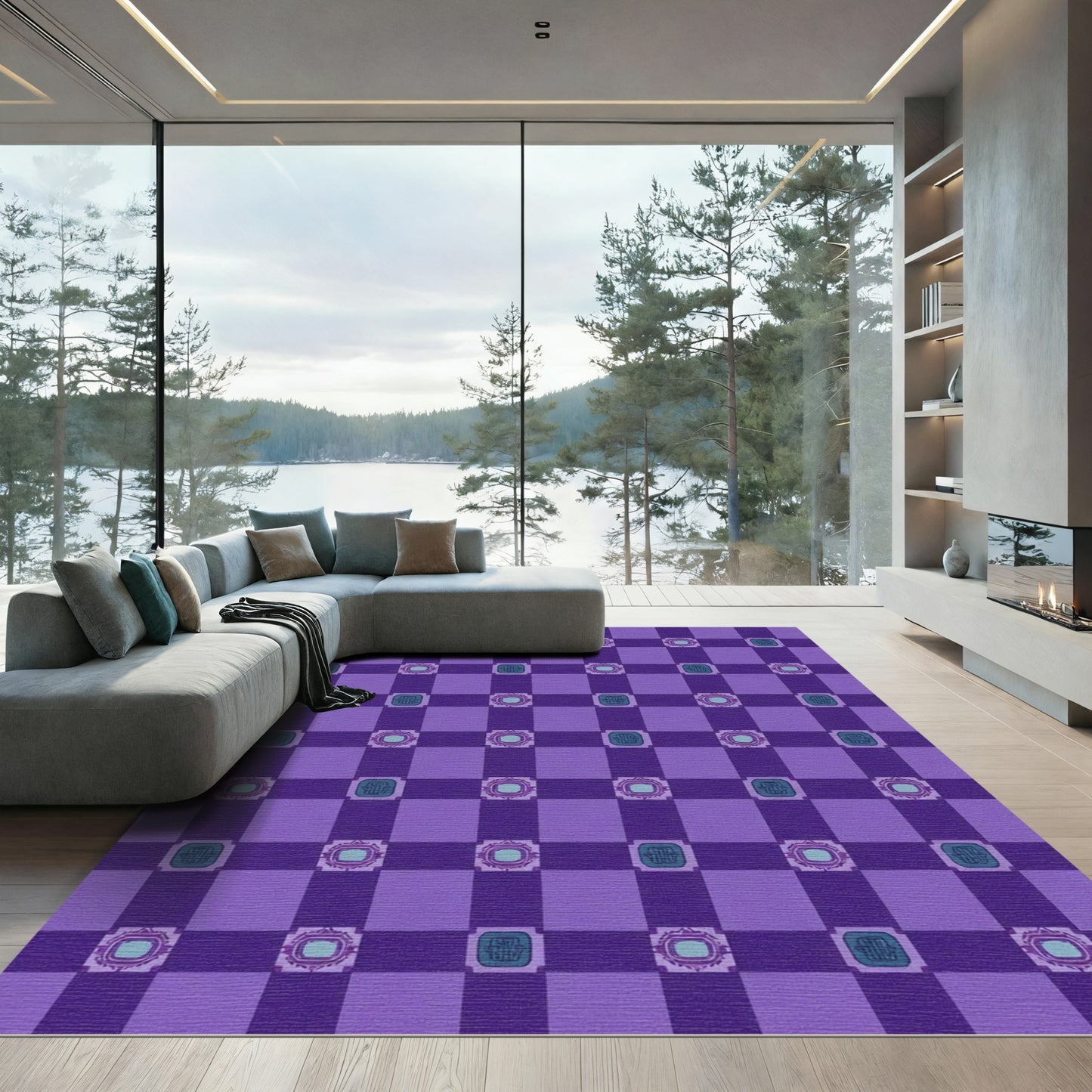 Purple Blue Checkerboard Geometric Medallion Rug