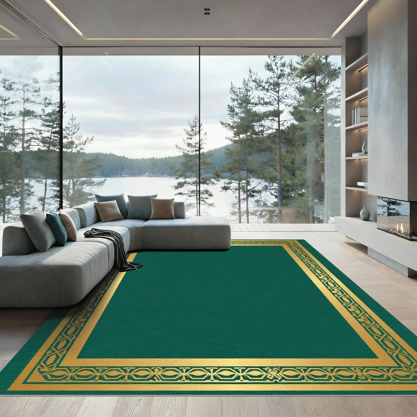 Emerald Green Gold Geometric Border Rug