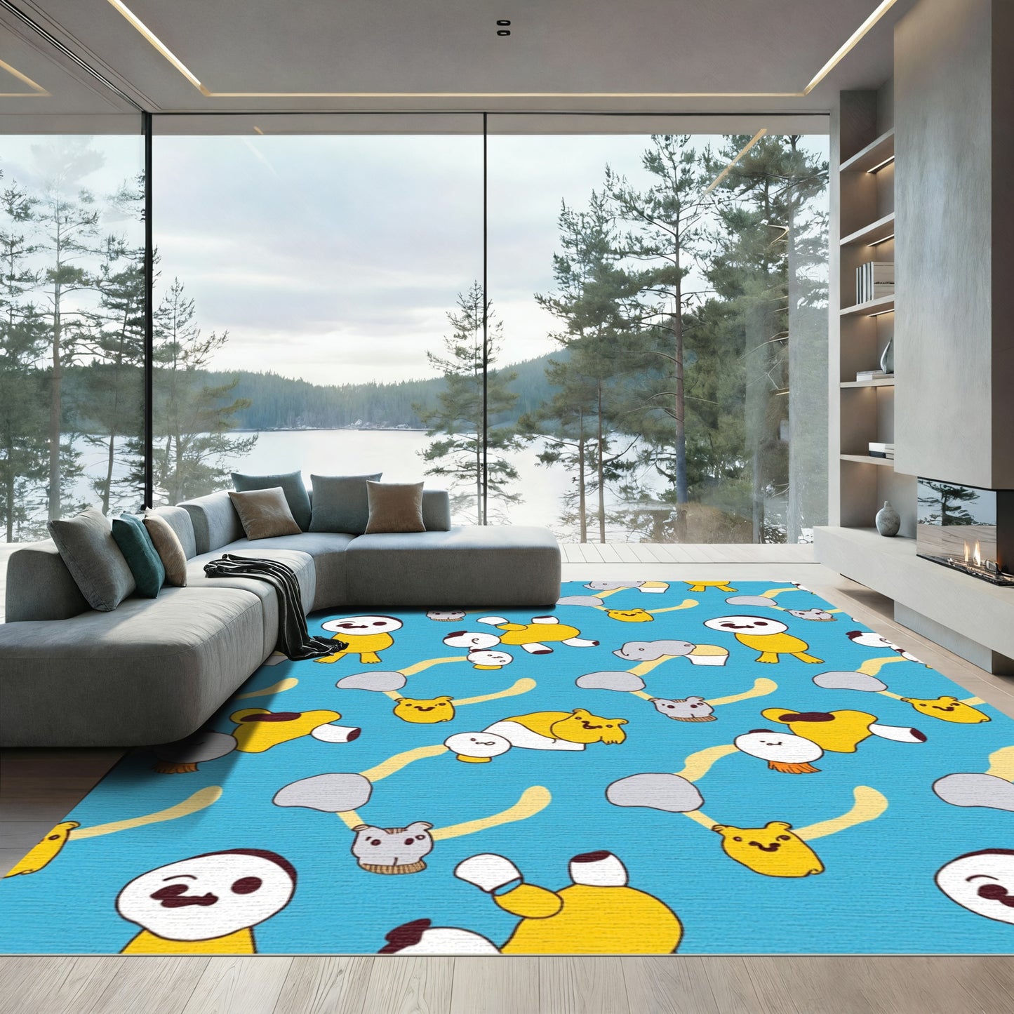 Playful Yellow Cartoon Characters Blue Rug