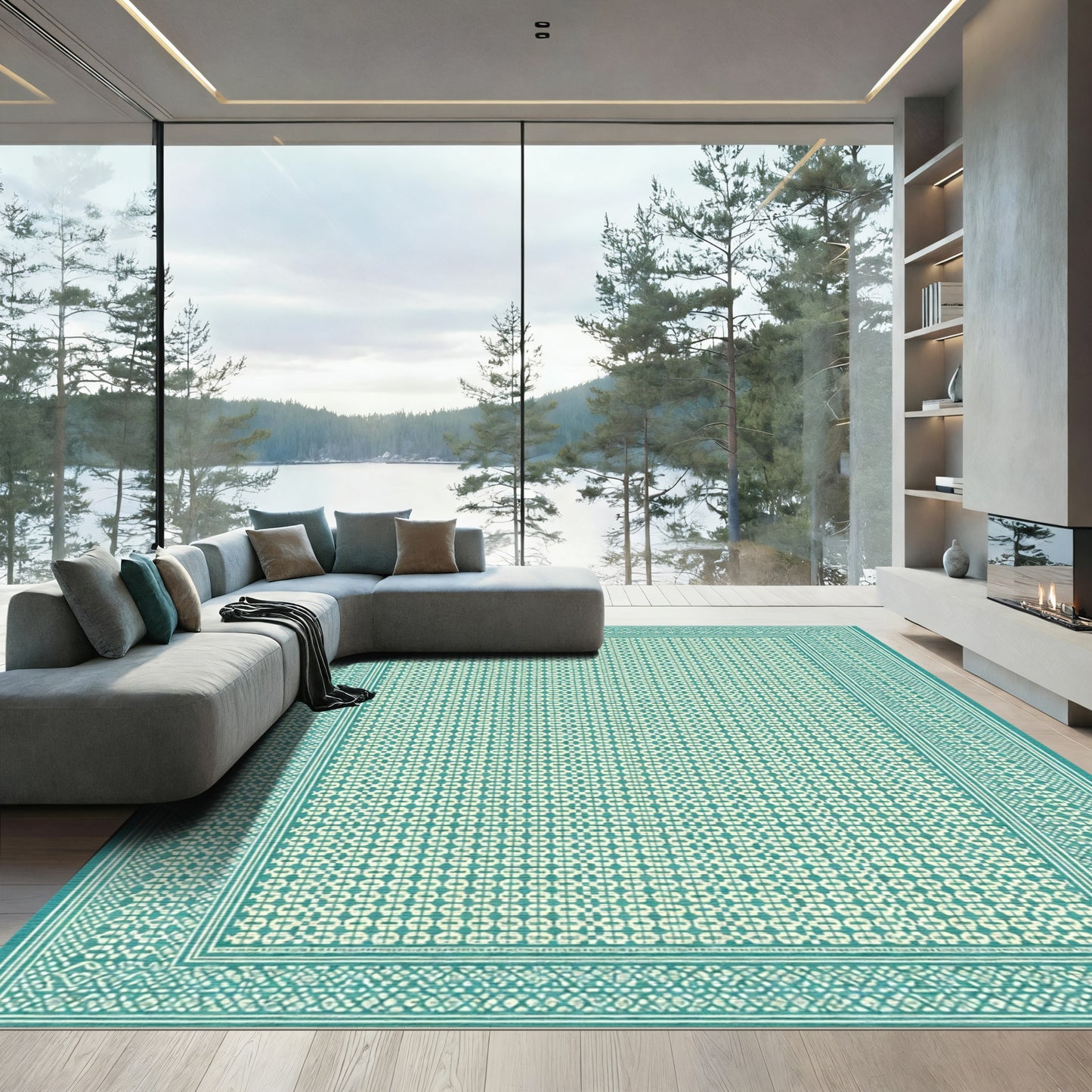 Teal Geometric Interlocking Circles Motif Rug