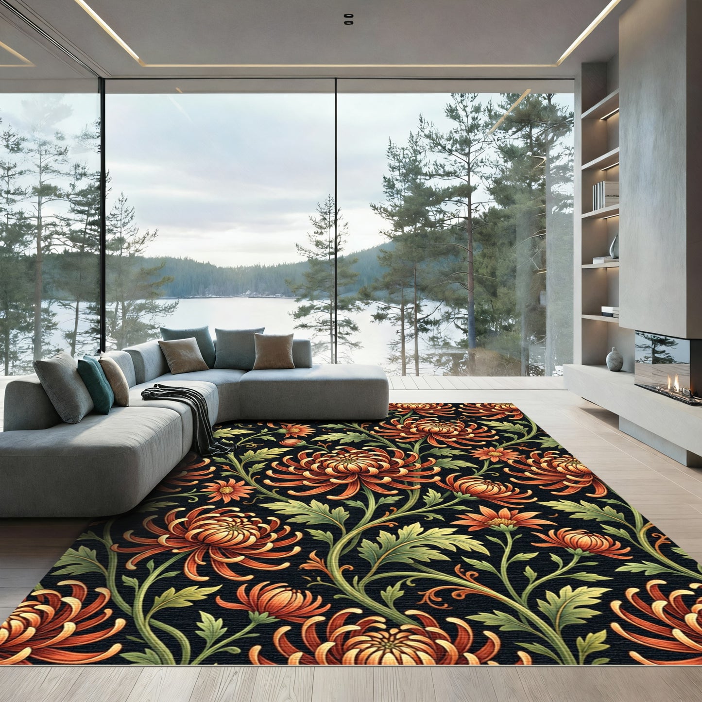 Ornate Copper Chrysanthemum Botanical Art Rug