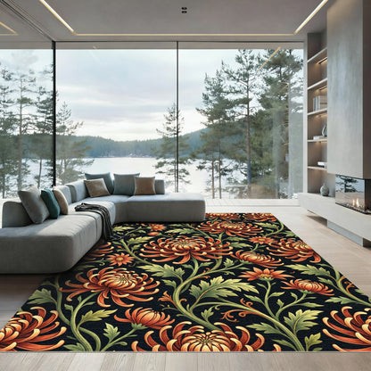 Ornate Copper Chrysanthemum Botanical Art Rug